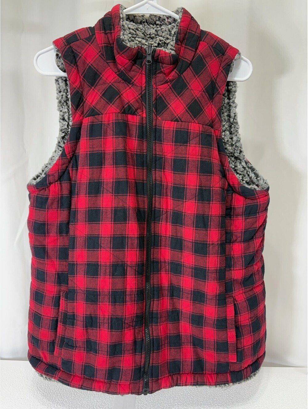 Maurices Red and Black Plaid Sherpa-Lined Vest Size 0 291D